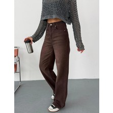 Zeo Basic Kadın Kahverengi Taşlamalı Wide-Leg Jean Yüksek Bel Geniş Paça Kot Pantolon