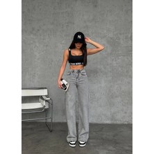 Zeo Basic Wide-Leg Geniş Paça Grey Snow Wash Denim Pantolon