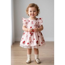 Miniğimin Cicileri Çilek Desenli Sırt Detaylı Tül Etekli Fırfır Kollu Kız Çocuk Elbise - Pudra