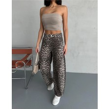 Zeo Basic Skater Pantolon Leopar Desenli Bej