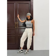 Zeo Basic Paraşüt Kumaş Bej Kargo Pantolon Bel Yazılı Lastikli ve Paça Lastikli