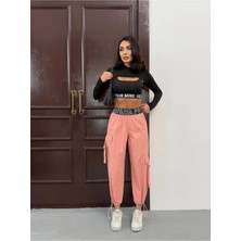 Zeo Basic Paraşüt Kumaş Beyaz Kargo Pantolon Bel Yazılı Lastikli ve Paça Lastikli