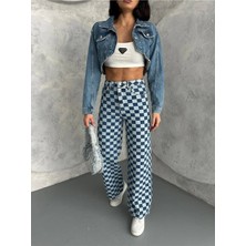 Zeo Basic Kare Desenli Wide-Leg Pantolon