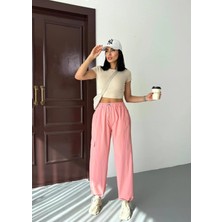 Zeo Basic Paraşüt Kumaş Kargo Cepli Bel ve Paça Lastikli Pantolon Pembe