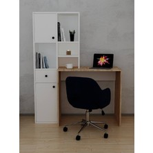 Alfimo Mobilya Smyrna Dolaplı Raflı Çekmeceli Kitaplıklı Çalışma Masası Beyaz & Atlantik Çam