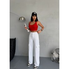 Zeo Basic Gabardin Pantolon Wide-Leg Fit Yüksek Bel Kargo Cepli