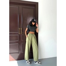 Zeo Basic Paraşüt Kumaş Kargo Cepli Bel ve Paça Lastikli Pantolon Çağla