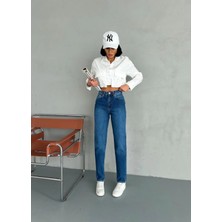 Zeo Basic Likralı Mom Jean Koyu Mavi Taşlamalı