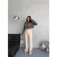 Zeo Basic Bej Denım Kumaş Yırtmaç Detaylı Wide-Leg Pantolon