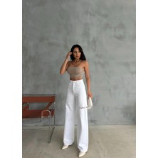 Zeo Basic Beyaz Baggy Pantolon Denim Kumaş Yanlardan Lazerli