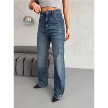 Zeo Basic Yan Dikiş Detaylı Wide-Leg Tint Jean