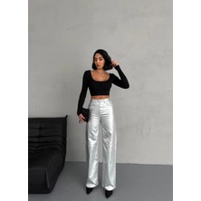 Zeo Basic Gümüş Renk Varak Baskılı Pantolon