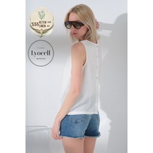 Maule Keten Lyocell Arkası Düğmeli, Bisiklet Yaka Dokuma Sıfır Kol Kadın Bluz @hera