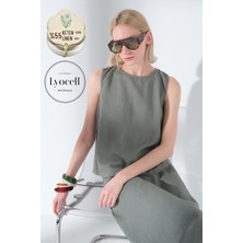 Maule Keten Lyocell Arkası Düğmeli, Bisiklet Yaka Dokuma Sıfır Kol Kadın Bluz @hera