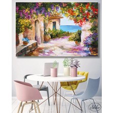 Şehzat Tekli Yatay Kanvas Tablo, Yağlı Boya Efektli, Taş Ev ve Deniz Manzarası , Dekoratif Duvar Tablosu