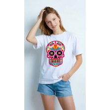 Hoxie Kadın Beyaz Renkli Meksika Kurukafası (Calavera) Baskılı Bisiklet Yaka Oversize Tişört