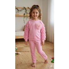HaanBebe Kız Çocuk Pembe Gül Detaylı Sweatshirt ve Pantolon Ikili Takım - 3D Çiçek Nakışlı