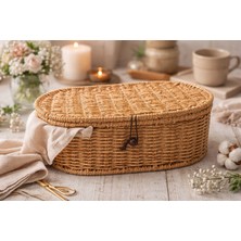 Morponi Rattan Kapaklı Düzenleyici Sepet  Doğal Rattan Organizer Oval 28  cm 1 Adet