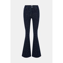 Denim Trip Slim Flare Long Fit Rinse Koyu Indigo Taşlı Kadın Jean Pantolon