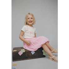 Magu Kız Çocuk Pamuklu Ekru Pembe Fiyonk Detaylı Tişört Etek Takım - Ikili Şık Kombin