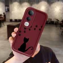 HONTINGA Vivo V50 Lite ile Uyumlu Kılıfı Düşüme Önleyici Basitlik Anti Düşme Kamera Korumali Kedi Bordo Desen Yumuşak Silikon Telefon Kılıfı Kadın ve Erkek Için Uygundur K2-7213