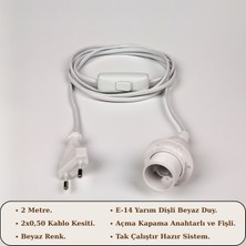 Retro Vitrini E14 Duylu Beyaz Kablo Seti 2 Metre – Anahtarlı Fişli (2x0,50 Hazır Kurulu ve Seyyar).