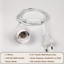 Retro Vitrini E27 Duylu Beyaz Kablo Seti 2 Metre – Anahtarlı Fişli (2x0,50 Hazır Kurulu ve Seyyar).