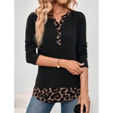 Stelol Kadın Uzun Kollu Yakadan Düğmeli Leopar Detaylı Kaşkorse Bluz