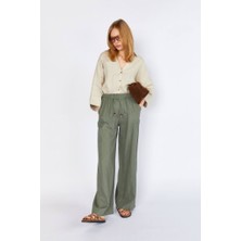 CGA Kadın Keten Pantolon Haki Keten Pantolon Dikiş Detaylı Kare Cepli Keten Pantolon