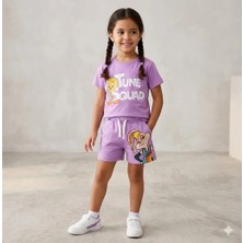 The Littles Kids Kız Çocuk Sevimli Hayvan Baskılı Mor Renk Pamuklu Kumaş Şortlu Beli Bağcıklı Alt Üst Ikili Takım