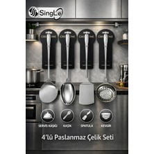 Single 4 Lü Paslanmaz Çelik Kaşık, Spatula, Kevgir, Servis Kaşığı Setimiz Isıya Dayanıklı Yanmaz Yapışmaz