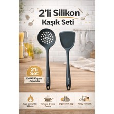 Single ( 2 Li Set ) Sert Uçlu Isıya Dayanıklı Kevgir Spatula Kaşık Setimiz Yanmaz Yapışmaz