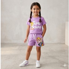 The Littles Kids Kız Çocuk Sevimli Hayvan Baskılı Mor Renk Pamuklu Kumaş Şortlu Beli Bağcıklı Alt Üst Ikili Takım