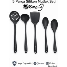 Single 5 Parça Sert Uçlu Isıya Dayanıklı Spatula-Kevgir-Pilav-Kepçe-Derin Kaşık Seti