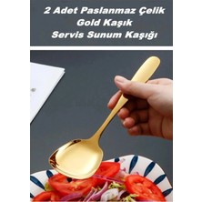 Single ( 2 Adet ) Gold Paslanmaz Çelik 21 cm Lüx Servis Salata Kaşığı Çelik Servis Yemek Kaşığı