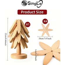 Single 4lü Standlı Bambu Ağaç Nihale Seti Isıya Dayanıklı Bardak ve Tencere Altı Katlanır Nihale