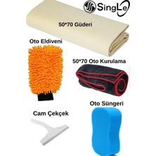 Single 5'li Mikrofiber Oto Yıkama Seti-Kurulama Silme Bezi Güderi Oto Eldiveni Oto Sünger Cam Çekçek