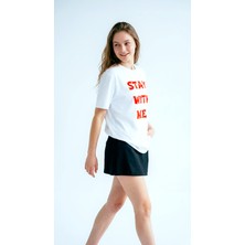 Hoxie Kadın Beyaz Kırmızı Slogan Yazılı Baskılı Oversize Bisiklet Yaka Tişört