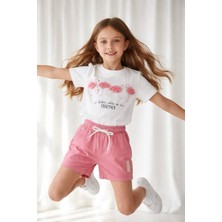 BeU Kids 2'li Takım %100 Pamuk Kısa Kollu Tişört Şort Kız Çocuk Takım