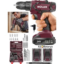 Müller Germany 24V 5 Ah Çift Metal Şanzuman Bakır Sargılı Çift Akülü Şarjlı Matkap  Vidalama 27 Parça Set
