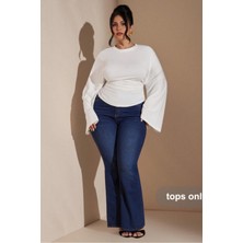 Tarz Cool Büyük Beden Uzun Kollu Günlük Düz Renk Büzgülü Bel Geniş Kollu T-Shirt