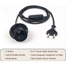 Retro Vitrini E27 Duylu Siyah Kablo Seti 2 Metre – Anahtarlı Fişli (2x0,50 Hazır Kurulu ve Seyyar).
