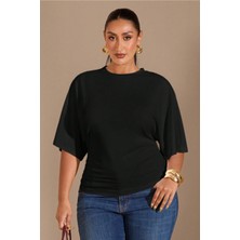 Tarz Cool Büyük Beden Günlük Düz Renk Büzgülü Bel Geniş Kollu T-Shirt