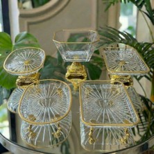 Elta Collection Yeni Gold Detaylı Cam 5 Parça Kahve Sunum Seti – Lokumluk, Çikolatalık, Sunumluk Söz Nişan