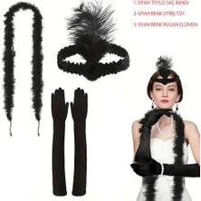 Akinco 1920’LER Tarzı Siyah Tüylü Saç Bandı, Rugan Siyah Eldiven Siyah Otri̇ş Seti