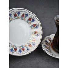 Qualitev 6 Adet Porselen Çay Tabağı Ebruli Lale Çini Motifli Çay Tabak 10 cm