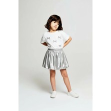 Magu Kız Çocuk Pamuklu Beyaz Gümüş Fiyonk Detaylı Tişört Etek Takım