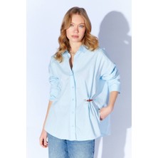 CGA Kadın Mavi Poplin Gömlek Önü Kısa Arkası Uzun Oversize Poplin Gömlek