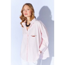 CGA Kadın Pudra Poplin Gömlek Önü Kısa Arkası Uzun Oversize Poplin Gömlek