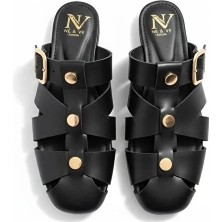 Ne&Ve Shoes Deri Trok Detaylı Tokalı Kadın Kare Burunlu Sabo Terlik